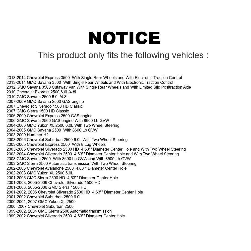 [Arrière] Kit de Disque de frein pour Chevrolet Silverado 2500 HD GMC Sierra Express Hummer H2 1500 3500 Savana Suburban Yukon XL Avalanche Classic K8-100573