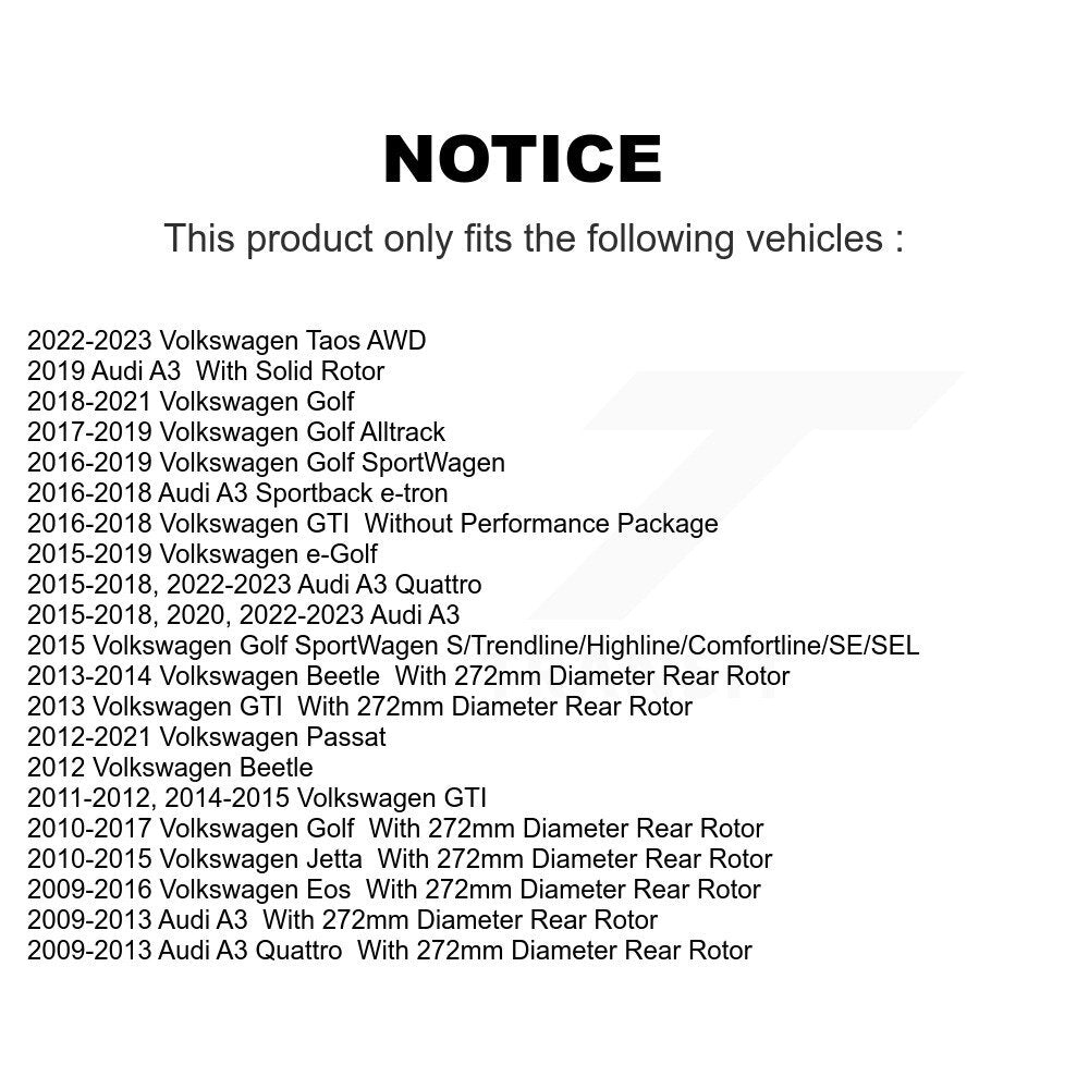 [Arrière] Kit de Disque de frein pour Volkswagen Jetta Passat GTI Audi Golf Beetle A3 SportWagen Quattro Eos Alltrack e-Golf Sportback e-tron Taos K8-100906