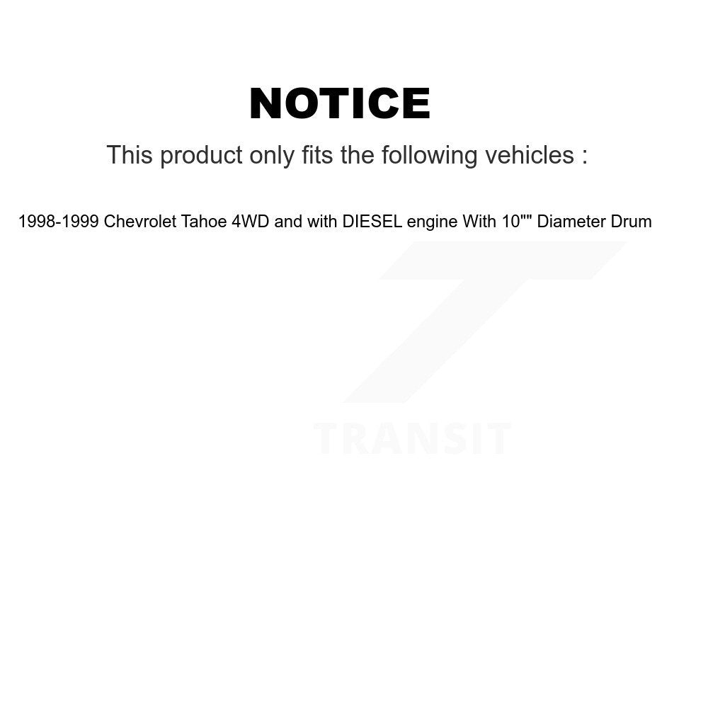 [Avant + Arrière] Kit de Disque de frein pour 1998-1999 Chevrolet Tahoe 4WD avec DIESEL engine avec 10" Diameter Drum K8-102039
