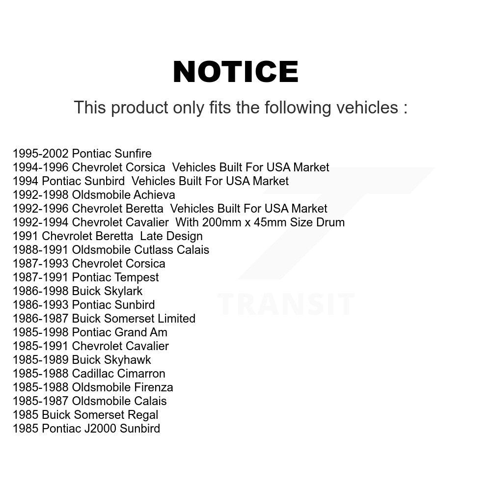 [Arrière] Kit de Tambour de frein pour Pontiac Chevrolet Sunfire Grand Am Cavalier Corsica Buick Skylark Oldsmobile Sunbird Achieva Beretta Cutlass Calais Skyhawk Somerset Firenza K8N-100065