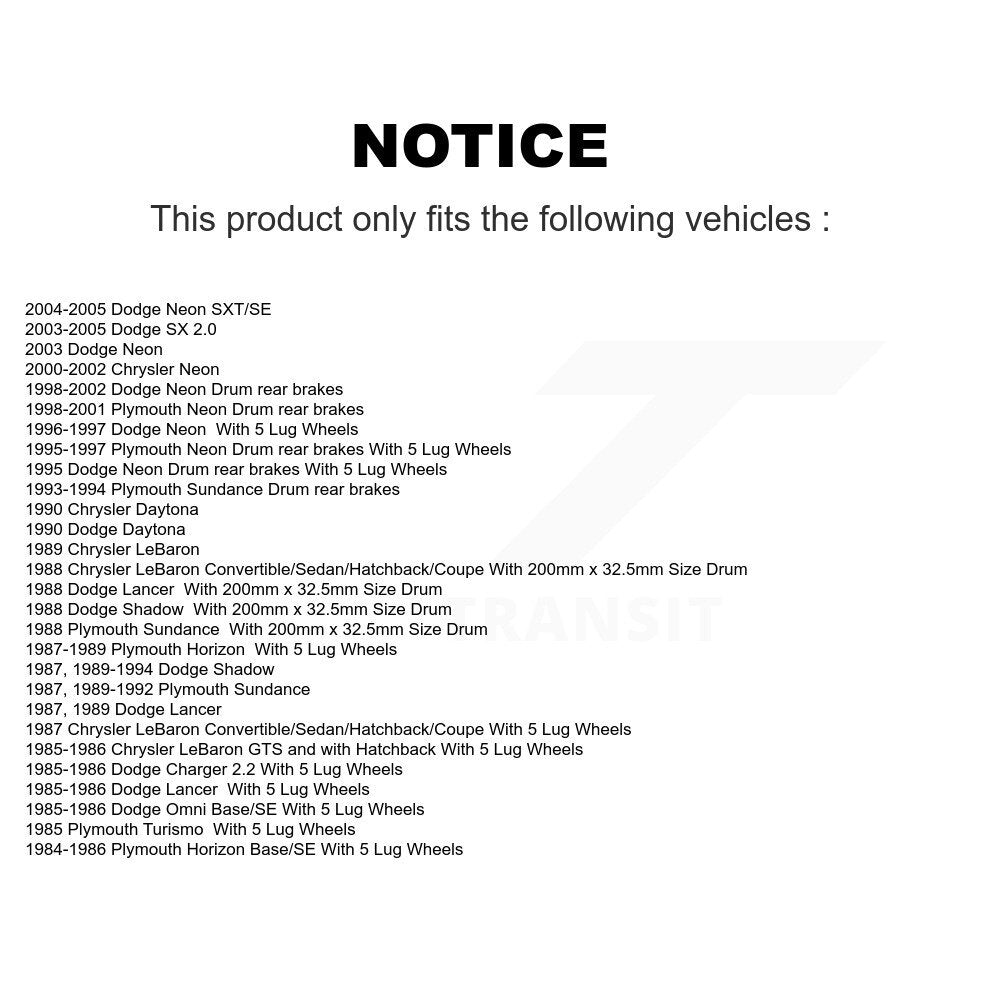 [Arrière] Kit de Tambour de frein pour Neon Dodge Plymouth Chrysler LeBaron Shadow Sundance Horizon Omni Lancer Daytona Charger SX 2.0 Turismo K8N-100086