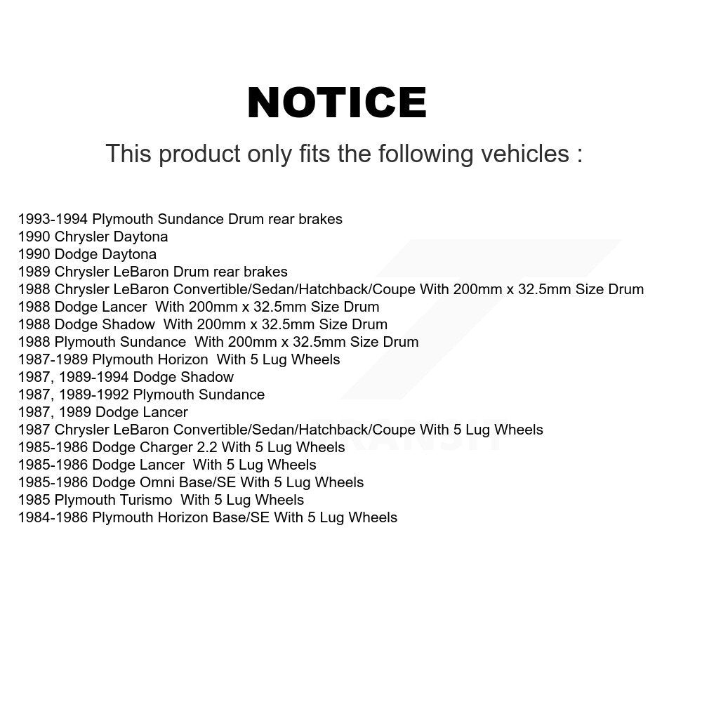 [Arrière] Tambour de frein pour Dodge Chrysler LeBaron Shadow Plymouth Omni K8N-100234