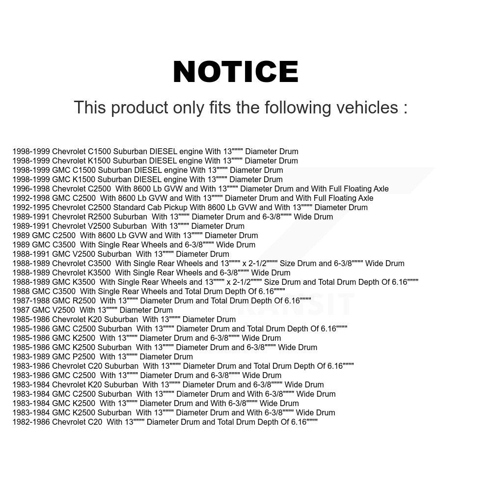 [Arrière] Kit de Tambour de frein pour Chevrolet K1500 Suburban GMC C1500 C20 C3500 K2500 K3500 V2500 C2500 K20 R2500 G3500 P2500 K8N-100299