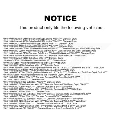 [Arrière] Kit de Tambour de frein pour Chevrolet K1500 Suburban GMC C1500 C20 C3500 K2500 K3500 V2500 C2500 K20 R2500 G3500 P2500 K8N-100299