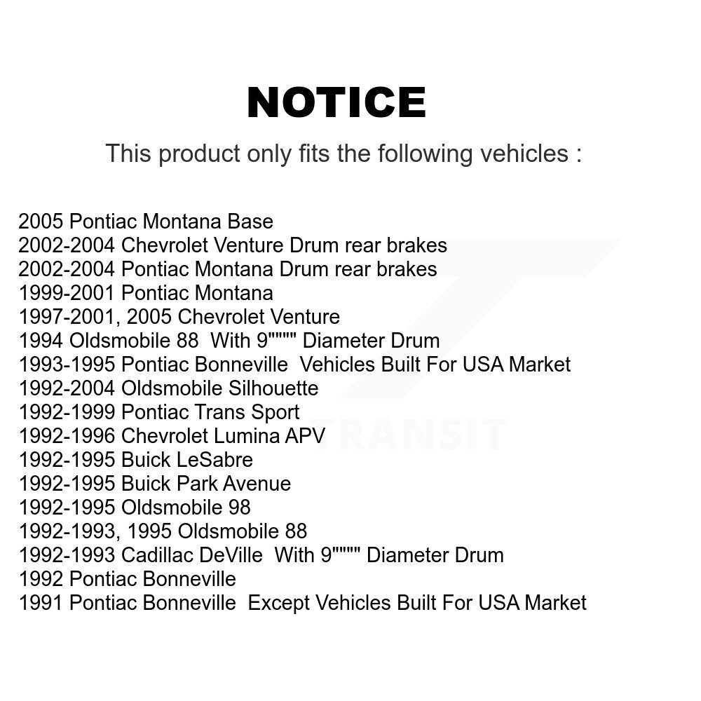 [Arrière] Kit de Tambour de frein pour Chevrolet Venture Pontiac Montana Oldsmobile Buick Silhouette LeSabre Park Avenue Cadillac DeVille 88 Bonneville Trans Sport 98 K8N-100397