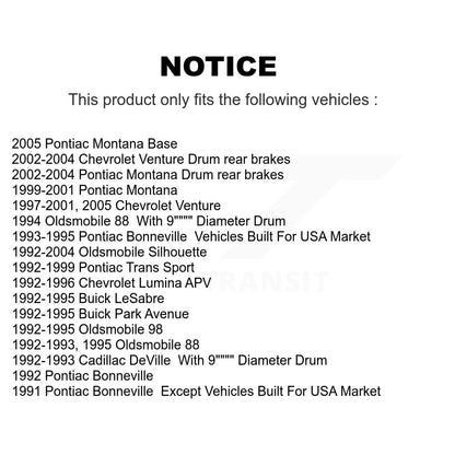[Arrière] Kit de Tambour de frein pour Chevrolet Venture Pontiac Montana Oldsmobile Buick Silhouette LeSabre Park Avenue Cadillac DeVille 88 Bonneville Trans Sport 98 K8N-100397