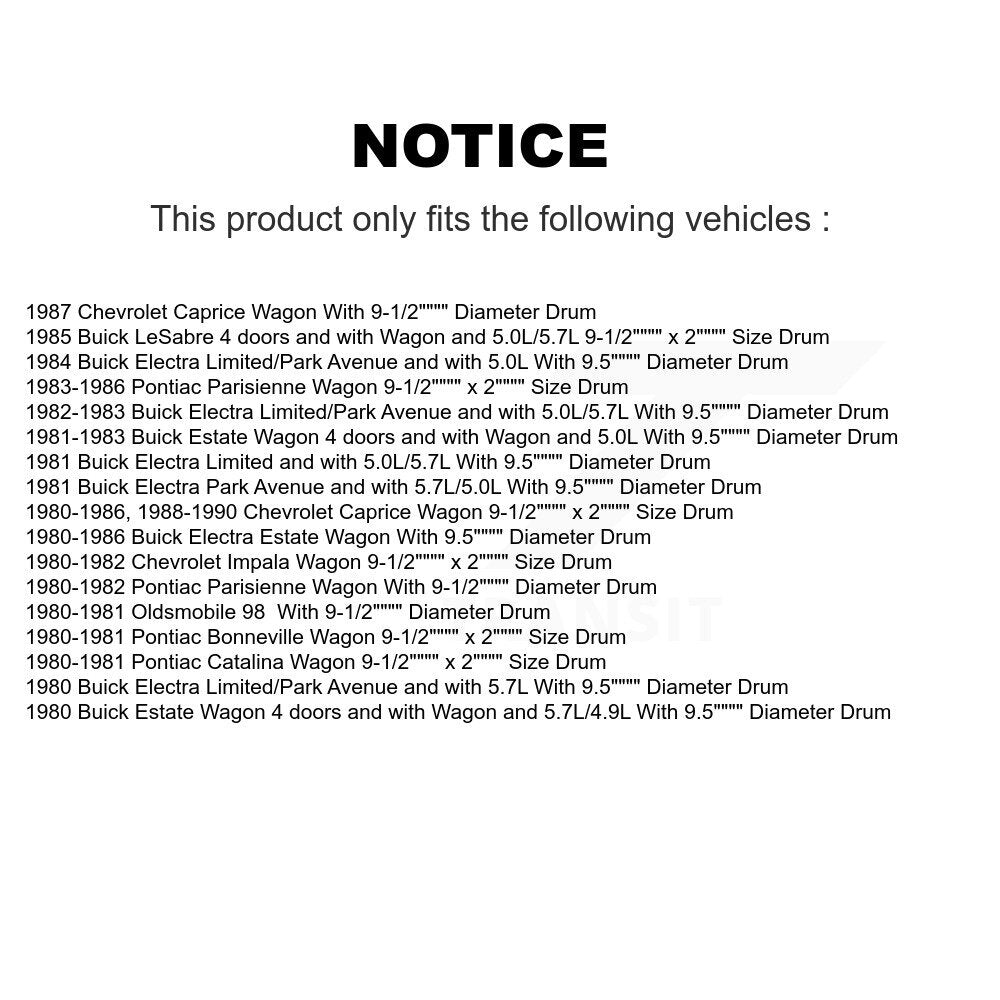 [Arrière] Kit de Tambour de frein pour Chevrolet Caprice Buick Pontiac Electra Parisienne Impala LeSabre Oldsmobile 98 Bonneville Catalina Estate Wagon K8N-100563