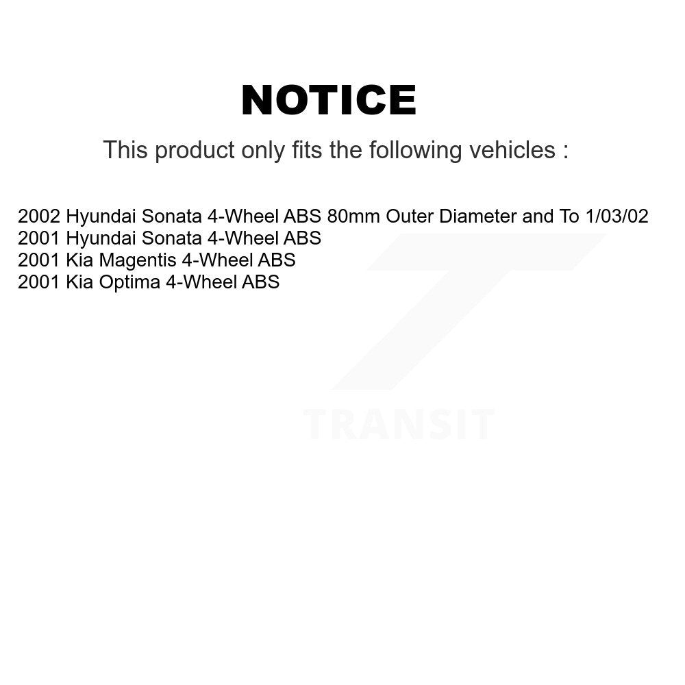 [Avant + Arrière] Kit de Roulement de roue pour Hyundai Sonata Kia Optima Magentis 4-Wheel ABS KBB-106571