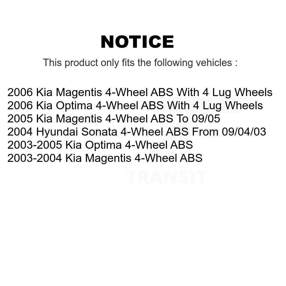 [Avant + Arrière] Kit de Roulement de roue pour Kia Optima Hyundai Sonata Magentis 4-Wheel ABS KBB-106972