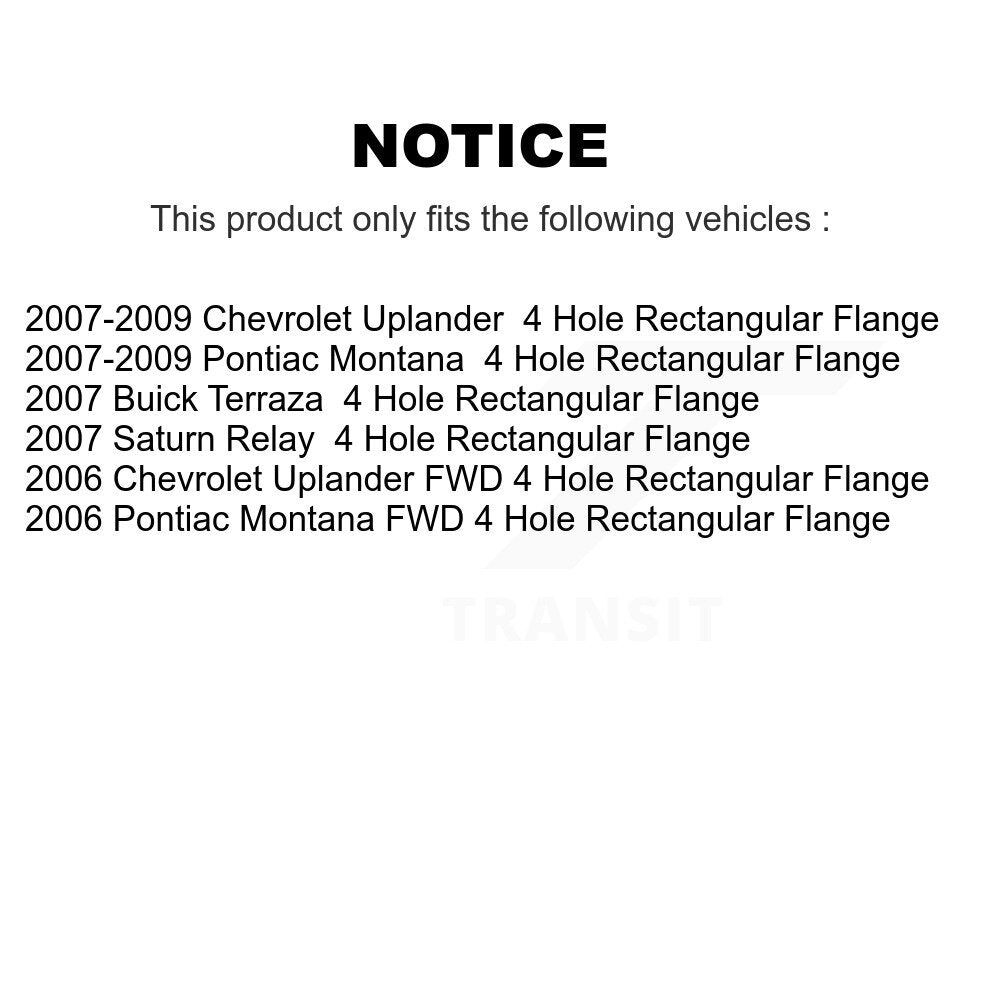 [Avant + Arrière] Kit d'ensemble roulement de roue et moyeu pour Chevrolet Uplander Pontiac Montana Buick Terraza Saturn Relay 4 Hole Rectangular Flange KBB-111522