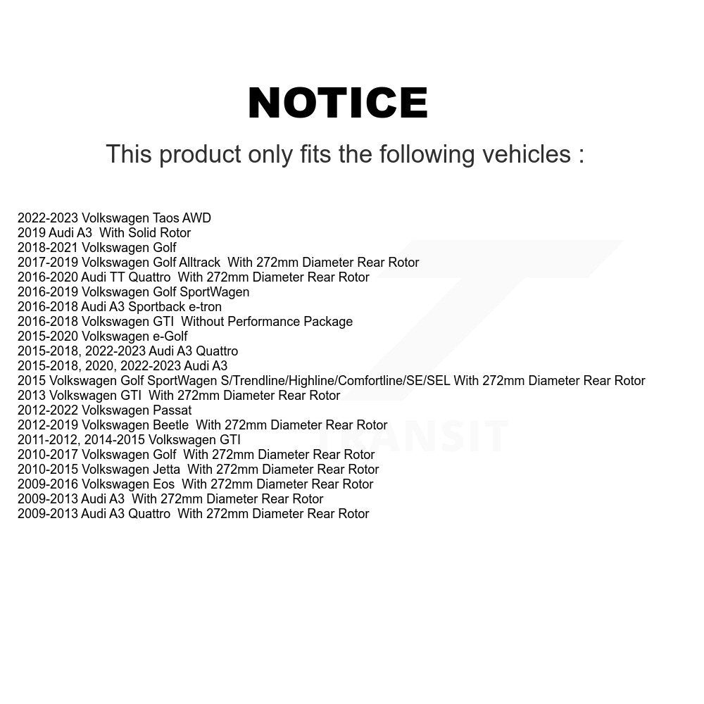 [Arrière] Kit de disque (revêtu) de frein pour Volkswagen Jetta Passat GTI Audi Golf Beetle A3 SportWagen Quattro Eos Alltrack e-Golf Sportback e-tron Taos KG-100630