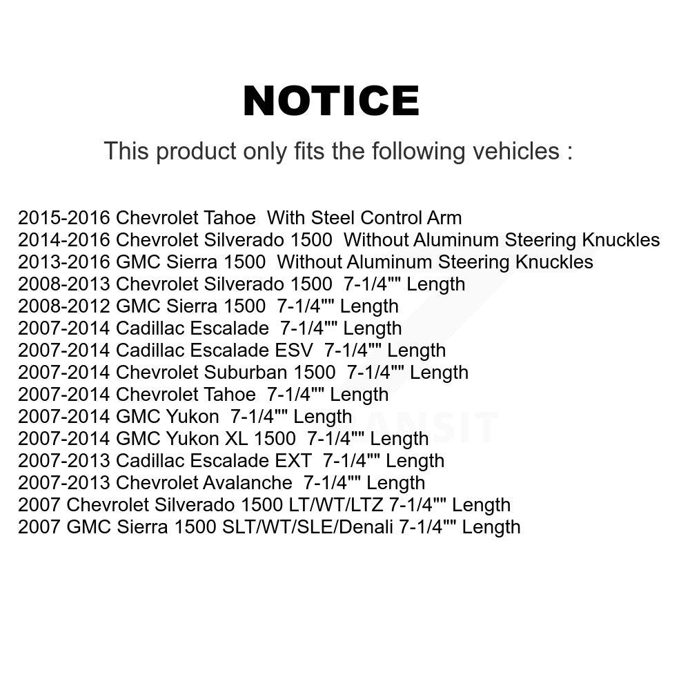 [Avant] Kit d'ensemble de bras de suspension et joint à rotule pour Chevrolet Silverado 1500 GMC Sierra Tahoe Suburban Yukon Cadillac XL Avalanche Escalade ESV EXT KTR-100043