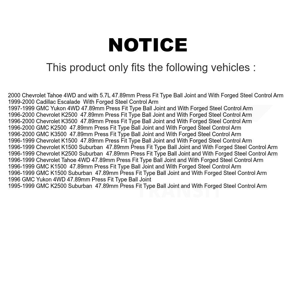 [Inférieur avant] Kit de Rotule de suspension pour Chevrolet K1500 GMC Tahoe Suburban K2500 K3500 Yukon Cadillac Escalade KTR-101194