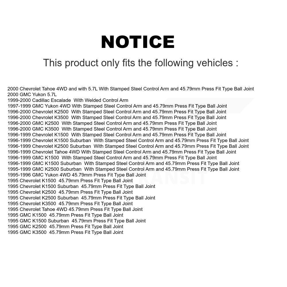 [Avant] Kit de Rotule de suspension pour Chevrolet K1500 GMC Tahoe Suburban K2500 Yukon K3500 Cadillac Escalade KTR-102356